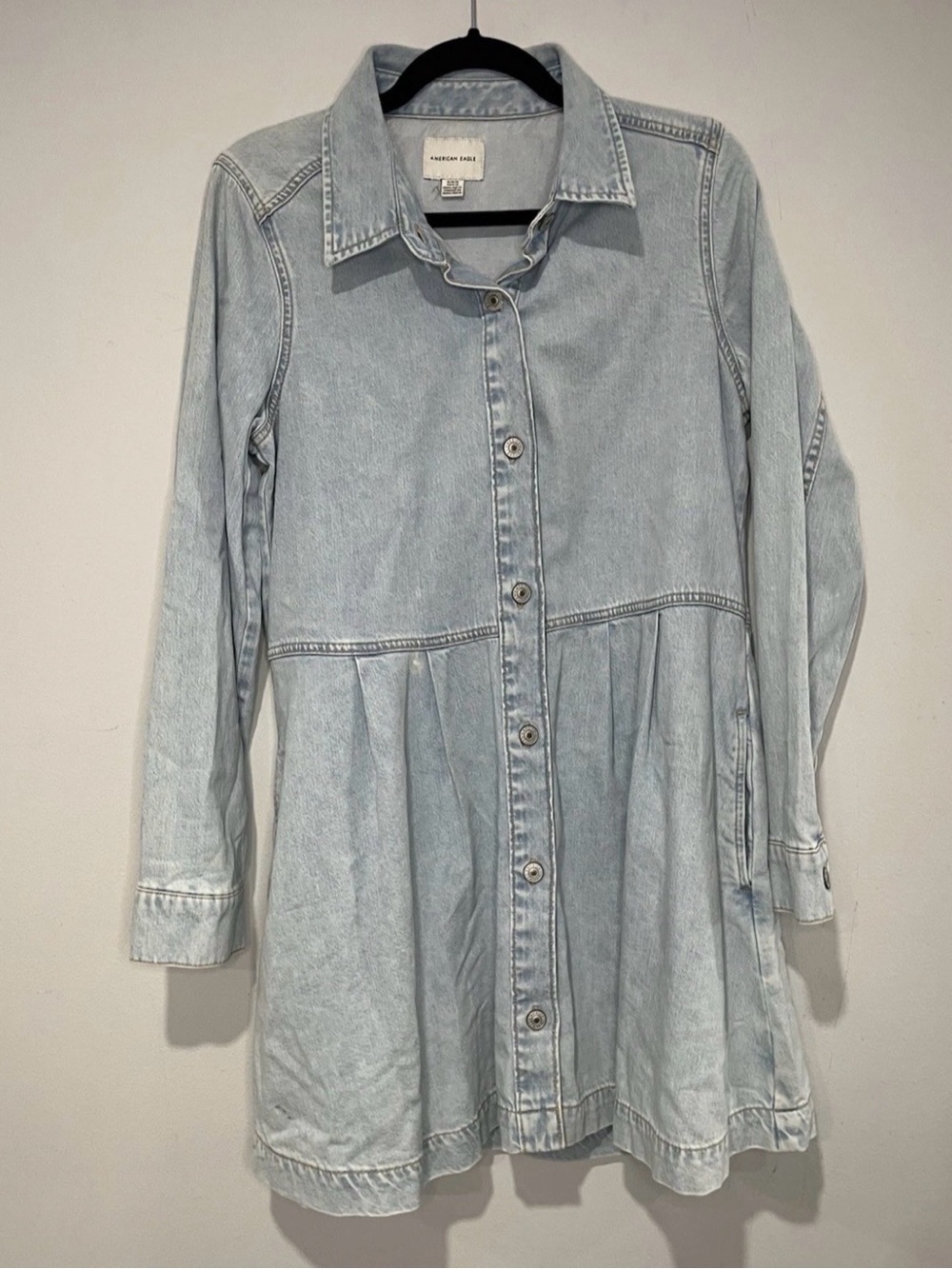 American Eagle Light Wash Denim Babydoll Mini Dress Button Front Long Sleeve - M